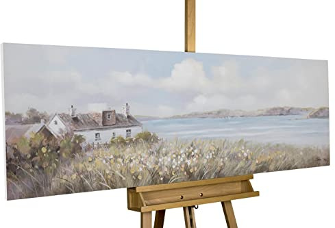 KunstLoft Leinwandbild | 100% HANDGEMALT | 150x50cm | Gemälde 'Ruf der Ferne' | Abstrakt | Blau Grün | Wandbild Wohnzimmer