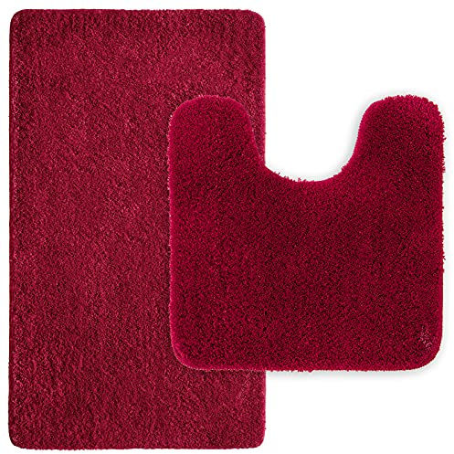 MIULEE Badematte Duschvorleger Badvorleger Flur 2er Set rutschfest Matte Teppiche Badteppich Badezimmerteppich Waschbar Saugfähig für Bad Wohnzimmer 50x80 cm und 50x50 cm mit Ausschnitt Rot
