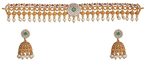 TARINIKA Brass Indian Choker Necklace Set - Gold Plated Cubic Zirconia Indian Jewelry Sets for Women Dangle, Drop, Jhumka Earrings Traditional Desi Necklace Pearls Gift for her (Neera Antique)