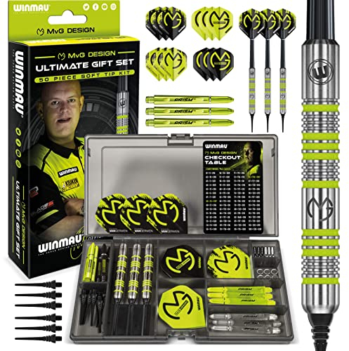 WINMAU - Professioneller Spieler - Michael Van Gerwen MvG Geschenkset - 18g Weiche Spitze - 50-teiliges Profi Darts Set - Enthält 4 x Stiele, 4 x Flüge und Zubehör