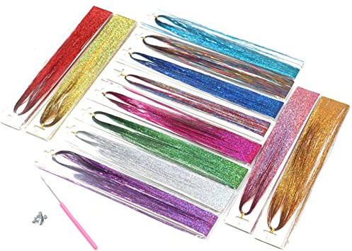 Haar Lametta Hitzebeständig 12 Farben 110 cm, Fairy Hair Tinsel Hair Extensions, Glitzer Haarsträhnen Glitzer Haar Extension, mit Häkeln Gliederringen, Modeaccessoires für Party Bar Cosplay (A)