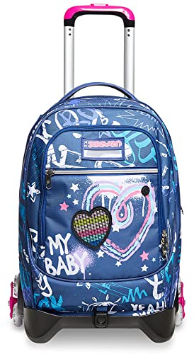 Seven TROLLEY Rucksack mit Trolleyfunktion, Schulranzen mit Rollen,3 in 1, Abnehmbarer Rucksack, ab 1. Klasse, für Schule,Gymnasium,Reisen&Freizeit, Mädchen&Jungen, JACK-3WD Rock On Girl, blau