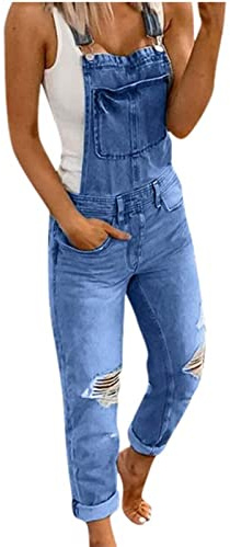 Salopette da Donna Eleganti in Denim Lungo Tuta Estiva Jeans Pantaloni Sexy Tuta Blu Attillata Pantaloni Da Lavoro Salopette Elasticizzata Slim Fit, Casual Moda Retrò Tinta Unita con Tasche Pantaloni