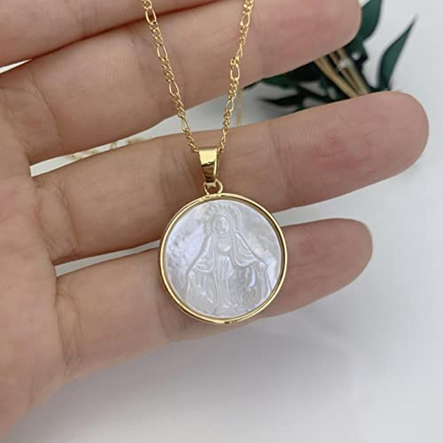 Lucky angel Sagrada Santa Biblia Cruz San Benito Virgen María Guadalupe Gargantilla Collar para Mujeres MOP Perla Shell Colgante religioso joyería, 45cm