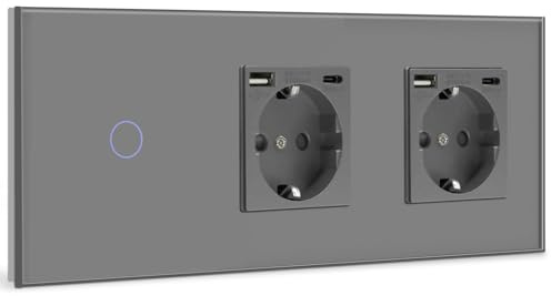 BSEED Interruptor con Doble Enchufe USB,Schuko Enchufe con 1 Puerto Tipo C y 1 Puertos USB,1 Gang 1 Vía Interruptor de Luz con indicador LED,Gris Enchufe de pared para Smartphone,Tableta,auriculares