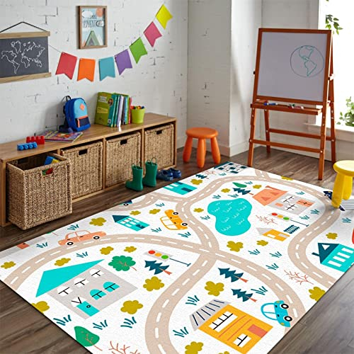 SANSJI Helle Straßenstädte Indoor-Teppich, Moderne Karikatur Einfach rutschfest Flachgewebter Teppich - für Schlafzimmer Wohnzimmer Esszimmer Balkon 80 x 120 cm
