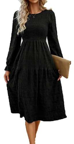QUNERY Vestido Mujer Casual Midi Vestidos Manga Larga con Cuello en Redondo Elegante Vestido B-Negro M
