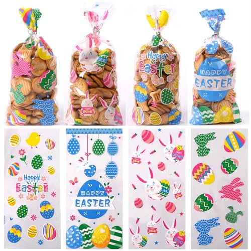 BOOSHMall 50 Stück Ostern Plätzchentüten, Ostern Cellophantüten, Transparent Candy Bar Süßigkeiten Tüten Geschenktütchen mit Twist Krawatten für Bonbon Plätzchen