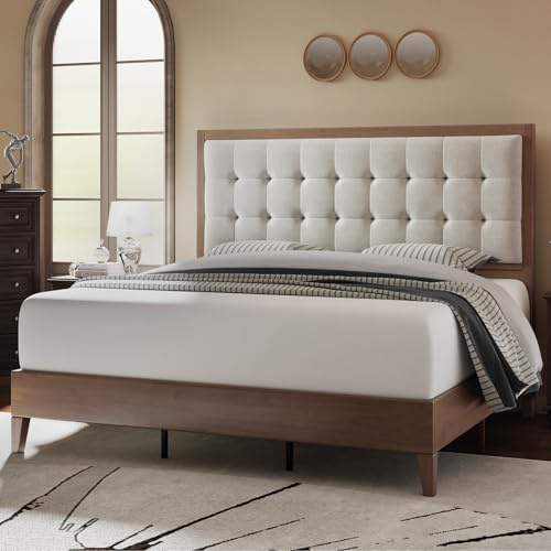 Jocisland Solid Wood King Size Bed Frame 50.2 Tall Upholstered Headboard, Mid-Century Style, Stable Platform Support, No Box Spring Needed, Walnut