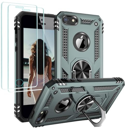 Jeylly for iPhone SE 2016/5/5S Case with 2Pcs Screen Protector, Green/Black | Heavy Duty Shockproof Hybrid Hard PC Soft TPU Bumper Drop Protective Girls Boys Cover with Kickstand
