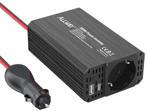 ALLWEI Convertitore di tensione da 300 W, 12 V, 230 V, con porta USB e di tipo C, ricarica per cellulari, laptop e altri dispositivi, per auto, roulotte, campeggio, (nero)