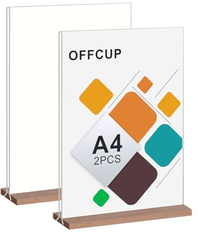 OFFCUP Acryl Display Ständer, 2 Stück Acryl Tischaufsteller A4 mit Holzfuß, T-Ständer Aufsteller Doppelseitiger Vertikaler Menükartenhalter für Restaurants, Cafés, Büros, Fotos
