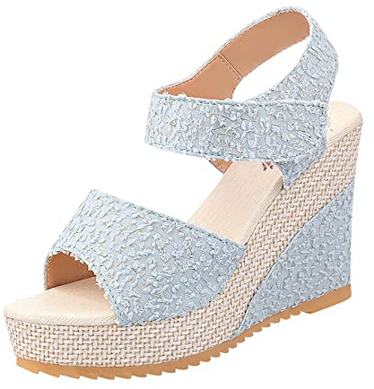 UnoSheng Sandalias de mujer Cuña y Moda Alta Primavera Plataforma Boca Tacones Verano Fish Tacón Mujeres Sandalias Dirndl Zapatos de las señoras, azul celeste, 38 EU