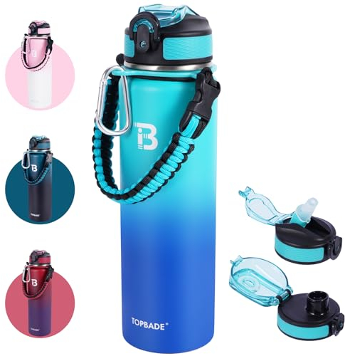 TOPBADE 1000 ml Borraccia Termica con 2 Coperchi (Cannuccia & no Cannuccia), 1L Bottiglia Termica con Manico Paracord Senza BPA/Senza Perdite Borracce Acciaio Inox per Scuola, Sport, Palestra