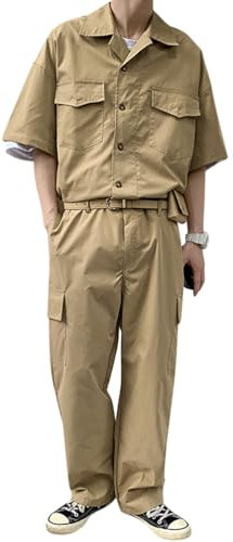 Oanviso Overalls da Uomo Estivo One-piece Colore Solido Shirts Maniche Corte Casual Pantaloni Moda Jumpsuit con Cerniera Tuta da Lavoro con Tasche Classico Shirt Interi H Kaki XS