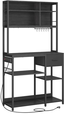 VASAGLE Küchenregal mit Steckdosen, Standregal, 40 x 100 x 180,4 cm, Backregal, verstellbare Ablagen, Stoffschublade, 12 Haken, Küche, anthrazitgrau-tintenschwarz KKS027B02