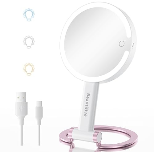 Beautifive Magnifying Mirror with Light, 10X/1X Double-Sided Makeup Mirror with Magnification, Stepless Dimming Touch Travel Vanity with Lights, Rechargeable 3 in 1 Detachable Base Magnified Glass