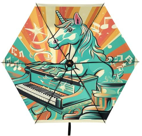 Linnyio Süßes Klavier Einhorn Taschenschirm, UV-Schutz, Kompakter Reiseschirm, Sonnenschutz für Jungen und Mädchen