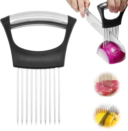 2024 Neuer Verbesserter Zwiebelhalter zum Schneiden, Zwiebelscheibenhalter aus Edelstahl, Zitronenschneider, Gemüseschneider, Schneidehilfswerkzeug für Fleisch, Zwiebeln, Kartoffeln, Tomaten (1 Stück)