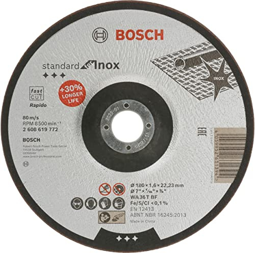 Bosch Professional 1x Standard for Inox Trennscheibe (für Edelstahl, Ø 180 x 1,6 x 22,23 mm, Gekröpft, Zubehör Winkelschleifer) (Packung mit 10)