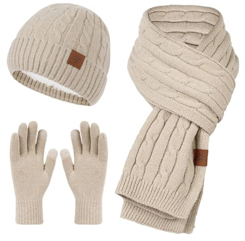 SERTAS Damen Winter Mütze Schal Touchscreen Handschuhe Set Beanie Mütze Damen Winter mit Bommel Fleece Gefütterte, Winterhandschuhe Geschenk für Frauen(Kaffee, Einheitsgröße)