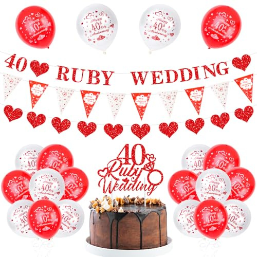 Set di decorazioni per feste per 40° anniversario di matrimonio, 40 palloncini Buby Ballons, striscione nuziale, topper per torta per 40° anniversario, bandiera triangolare, forniture per feste