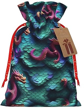 HJLUUFT Jutebeutel mit 3D-Motiv und magischem Drachenschuppen-Druck, Weihnachts-Geschenktüte mit Kordelzug und Geschenkanhänger, für Hochzeit, Weihnachten, Party