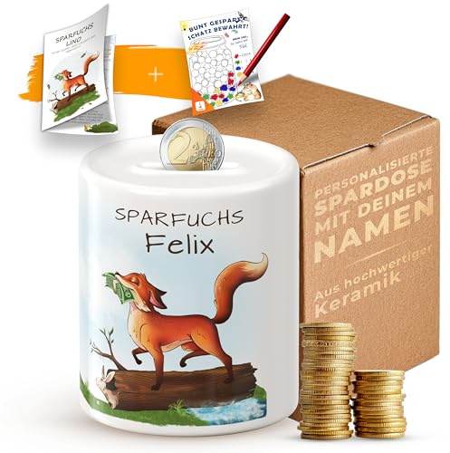 Personalisierte Kinder Spardose mit Namen und Tiermotiv – inkl. Geschichte zum Vorlesen Geschenkidee Sparbüchse Jungen, Mädchen, Einschulung, Geburtstag – Motiv Sparfuchs
