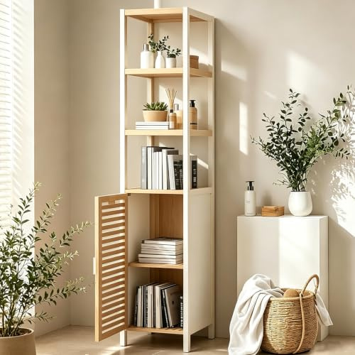 TerraVibe Badezimmerhochschrank, Badregal Bambus, Handtuch Schrank, Badschrank Schmal Hoch mit 1 Tür, Bathroom Storage Cabinet, Toilettenschrank für Badezimmer, Flur, Küche, Wohnzimmer