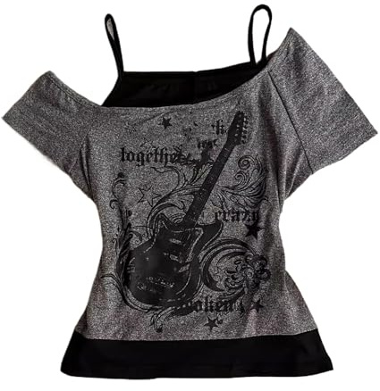 Damen Emo Grunge T-Shirts – Vintage Y2K Fake 2 Stück Gitarre Grafik Baby Tee Gothic Ästhetisch Kurzarm Schulterfrei Crop Top Alt Streetwear Punk Sommer Harajuku