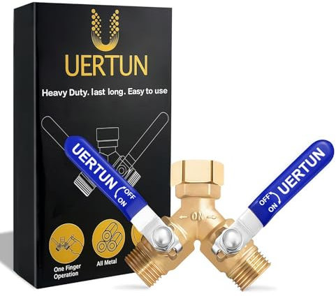 UERTUN Brass Garden Hose Splitter with Stainless Steel Long Handle,One-Finger Operation Hose Splitter 2 Way Heavy Duty Shut off Valves,3/4 GHT Thread Y Valve Water Garden Hose Adapter(Blue)