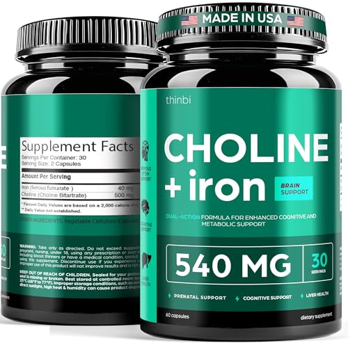 Thinbi Choline Prenatal Supplement with Iron – Prenatal Vitamins for Women – Pregnancy Brain, Memory & Cognitive Support – Ferrous Fumarate, Vegan – 30 Servings