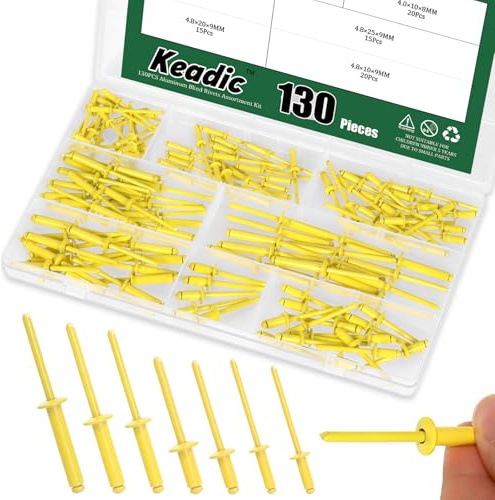 Keadic 130 remaches ciegos de aluminio de 0.3 cm x 1.0 cm/1.2 cm, 0.4 cm x/1.0 cm/2.0 cm, 0.5 cm x/1.0 cm/0.98 pulgadas, agarre de aluminio y mandril de acero, remaches de cierre de brida grande para