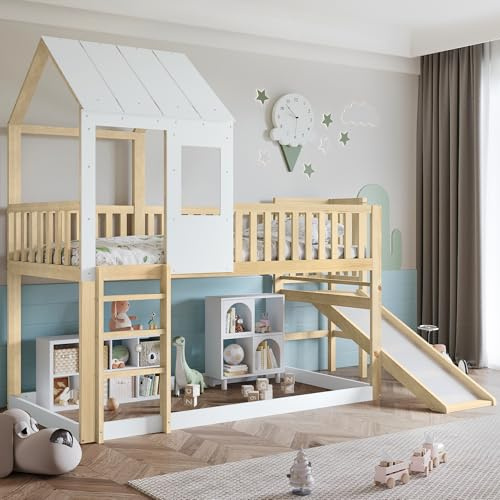 Zepneiy Lit Cabane 90x200 avec Toit et fenêtre, Lit Superposé 2 Places avec échelle rectangulaire et Toboggan, Lit Enfant Cadre en Pin et MDF Blanc Naturel (sans Matelas)