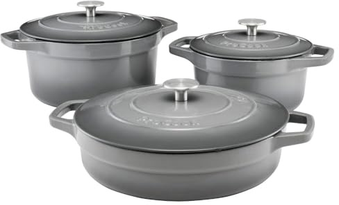 ProCook Graduated Cast Iron Dutch Oven Set - 3 Piece, 20/24/28 cm, Casserole Dishes with Lid - Grey, Durable Induction Compatible Cookware