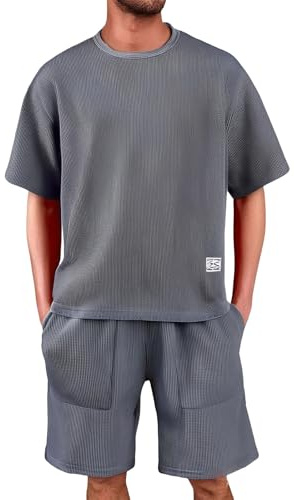 Waffle Trainingsanzug Herren Jogginganzug Sommer Kurz Freizeitanzug Kurzarm Tshirt + Kurze Jogginghose Sets 2 Teiliges Loose fit Sommeranzug Fitness Sweatsuit Sets Y2K Tracksuit für Männer