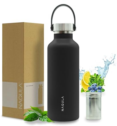 NAQULA® Thermosflasche 500ml mit Tragegriff und abnehmbarem Sieb f Tee od Früchte. Edelstahl Trinkflasche auslaufsicher, kohlensäurehaltige Getränke geeignet, Isolierflasche heiß und kalt. (Schwarz)