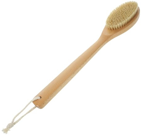 Beige Badebürste aus Buchenholz mit Borsten, Langer Griff | Feine Verarbeitung, Lochgriff Design, Körperpflege Zubehör für Dusche und Bad