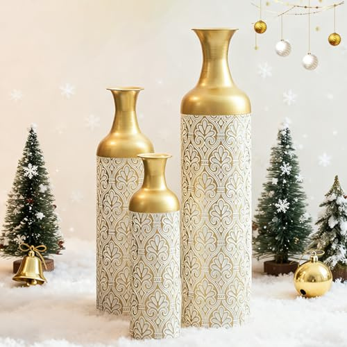 FammyLoft Metall Bodenvase Groß Set 3, Vintage Floor Vases, Weihnachten Weiß Gold Vase, Pampas Branch High Decorative Bodenvase Living Room Bedroom, Large -83/65/50cm High, Home Decoration