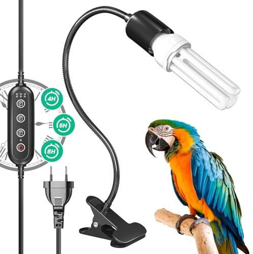 GlowUp UVB 2.4 Vogellampe mit Zeitschaltuhr, Klemmlampe mit 20W UVB 2.4 Glühbirne E27 UVB Licht Kombi Set für Vogel mit Timer