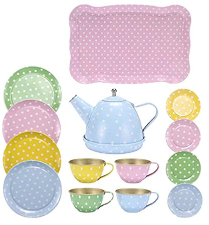 Lerpwige Juego de tetera de 14 piezas para fiesta de té, cocina, juego de simulación, juguete de metal, utensilios de cocina, tazas de té, platos, accesorios