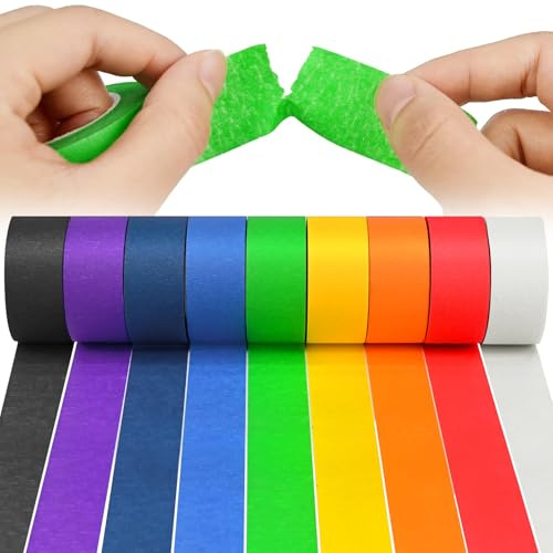 JYSNOW Colore Cinta Carrocero, 9 Rollos, Cintas Washi Coloridas para DIY | Cinta Adhesiva de Colores para Proteger Las Superficies al Decorar, 12 mm × 200 mm, para DIY, Escuela y Oficina