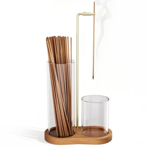 Mavivegue Incense Holder, Wooden Upside Down Incense Holder for Sticks with Removable Glass Ash Catcher for Tea, Yoga, Spa, Zen Meditation, Great Gift for Any Occasion (Brown)