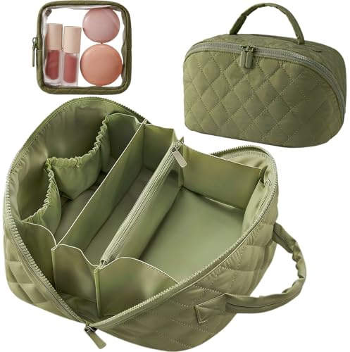 ROVENLIFEGO Travel Makeup Bag, Green | Flat Lay Puffer Cosmetic Case, With Compartments, Large Capacity Waterproof Quilted, Open Flat Toiletry Bag
