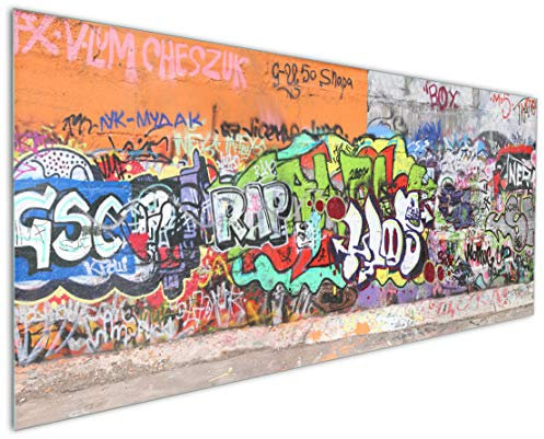 Wallario Küchenrückwand aus Glas 125 x 50 cm, Motiv: Rap-Graffiti- Wand mit verschiedenen Tags | Spritzschutz abwischbar & pflegeleicht