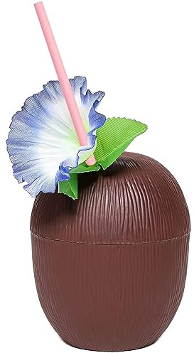 Quickdraw Coconut Cup with Paper Straw Hawaiian Beach Tropical Luau Hula Tiki Party