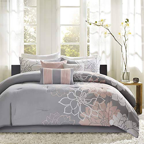 Madison Park Ropa de Cama Alternativa para Todas Las Estaciones, Fundas, Falda de Cama, Almohadas Decorativas, satén de algodón, Gris/Rubor, California King (104 x 92 Pulgadas)