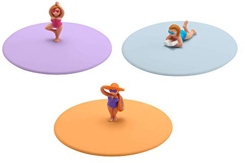 Lurch 210199 Mein Deckel Beach Girls 3er Set (Yolanda Yoga, Berta Buch, Theresa Tasche), Glasabdeckungen aus 100% BPA-freiem Platin Silikon, Ø 10,5cm