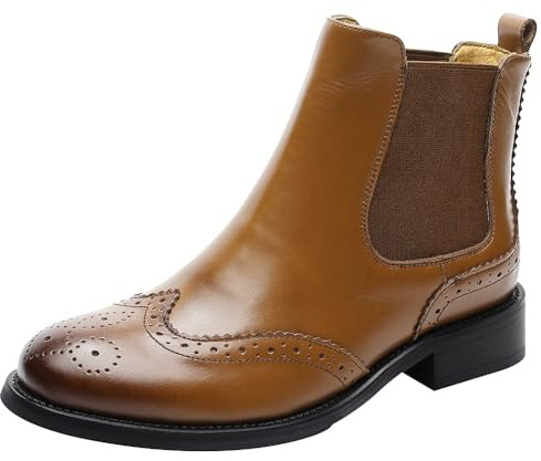rismart Damen Brogues Wingtip Kurzschaft Schlüpfen Stilvoll Leder Chelsea Stiefel