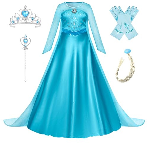 New front Elsa Mädchen Kostüm Kinder Kleid Blau Kleid mit Zubehöre für Verkleidung Geburtstagsfeiern Halloween Cosplay Geburtstagsfeiern Fasching Weihnachten Geschenk Alltag, Blau, 120